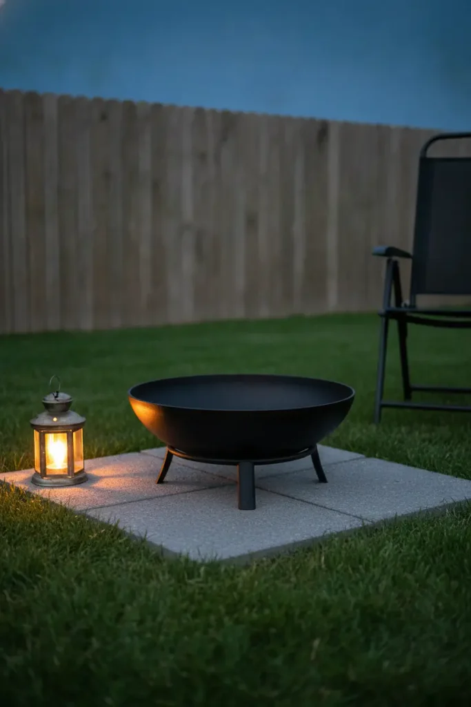 Renter corner fire pit idea with a cast iron bowl on square step stones and a lantern at dusk