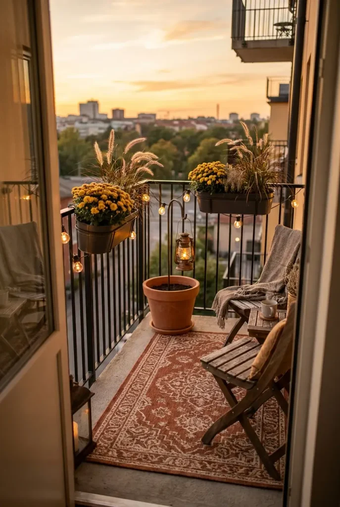 Renter friendly fall balcony decor with railing planters, rug and solar café bulbs