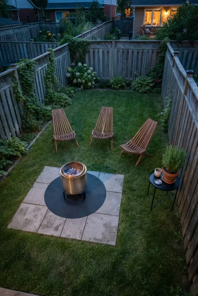 Renter friendly fire pit on concrete pavers and a heat mat set up on a small backyard lawn
