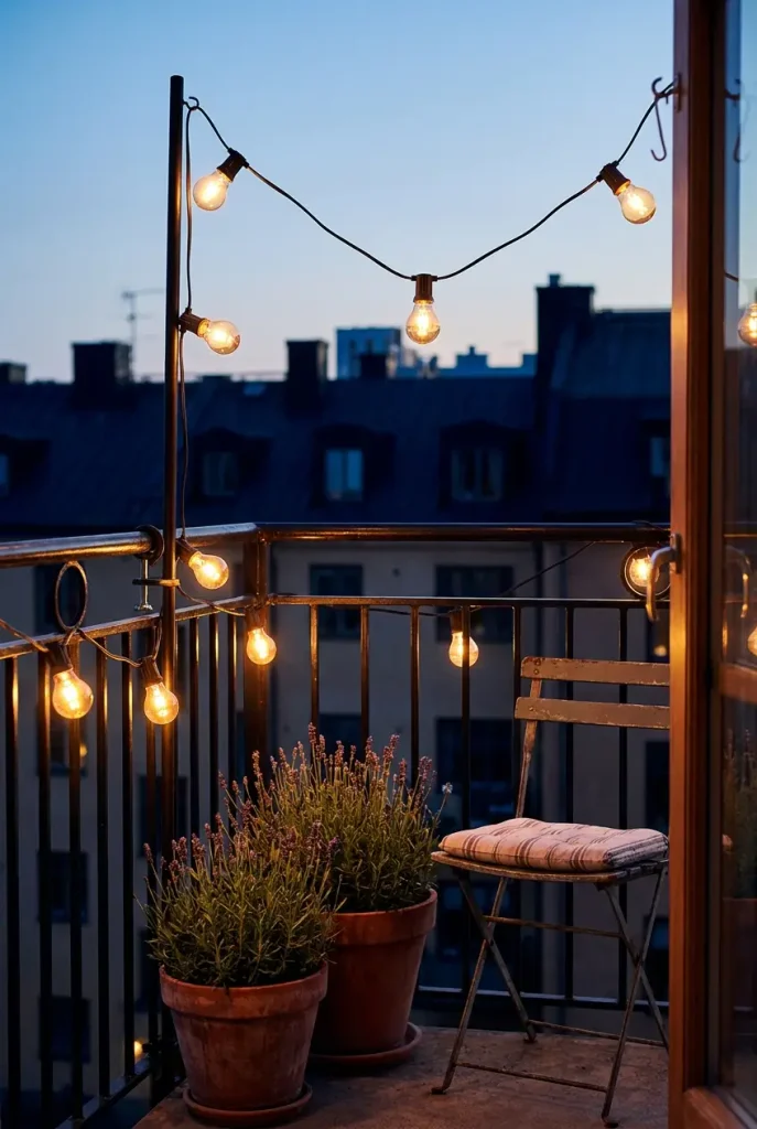 Renter friendly outdoor lighting makeover with clamp mounted string lights on a balcony rail