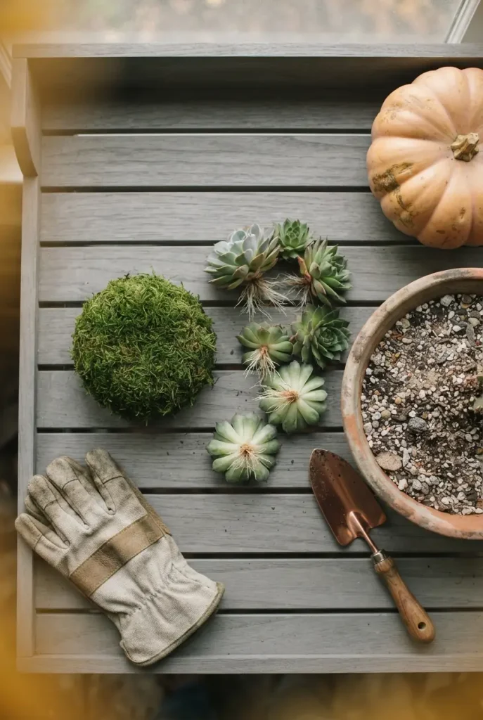 Replanting rooted succulent cuttings from a pumpkin into a terracotta pot of cactus mix