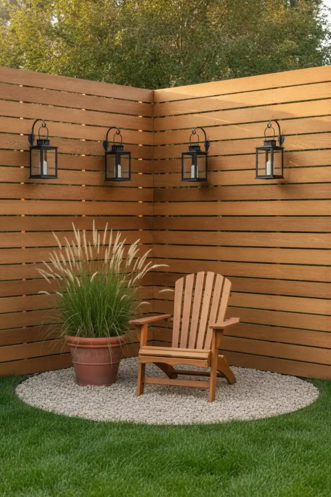 Rustic cozy backyard corner with a horizontal cedar picket privacy screen and hanging black lanterns