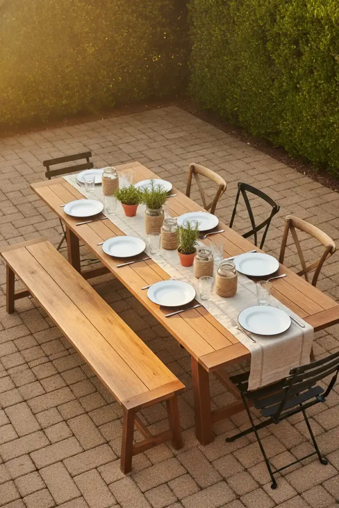 Rustic cozy backyard farmhouse table with mismatched chairs, linen runner, and terracotta herbs