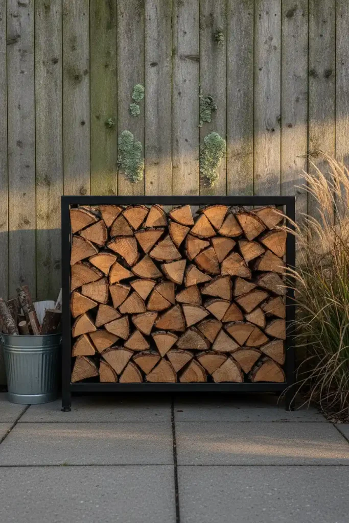 Rustic cozy backyard firewood rack stacked with split oak against a cedar fence on pavers