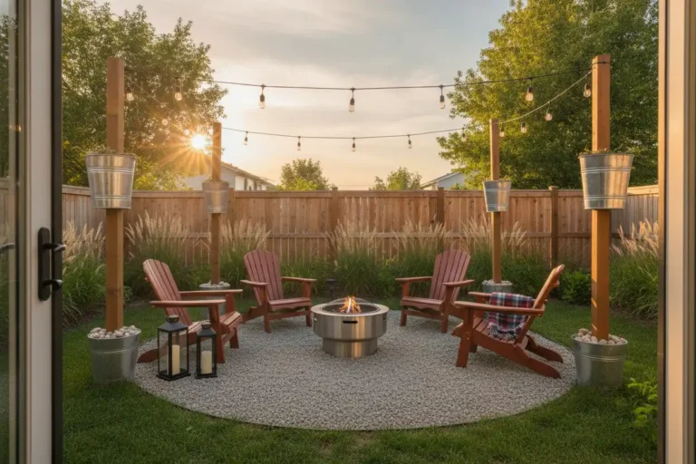 Rustic cozy backyard ideas with a gravel fire pit, Adirondack chairs, and Edison string lights at sunset