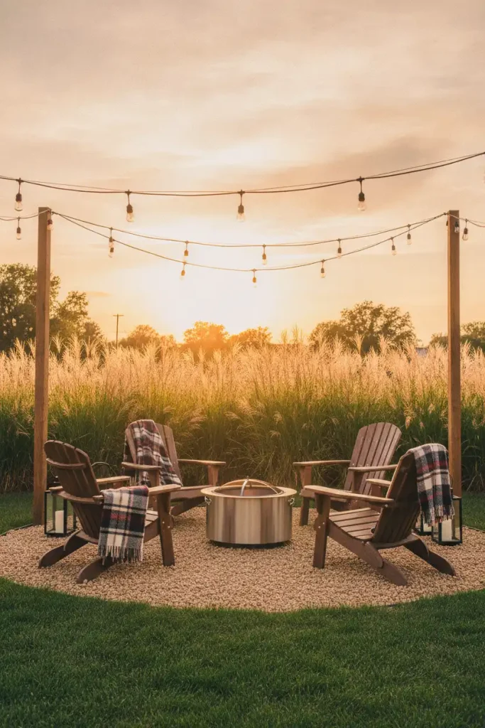 Rustic cozy backyard ideas with a gravel fire pit circle, Adirondack chairs, and Edison string lights at sunset