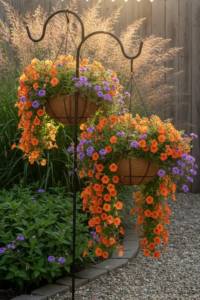 Rustic cozy backyard path with a black iron shepherd's hook holding coir hanging baskets of calibrachoa