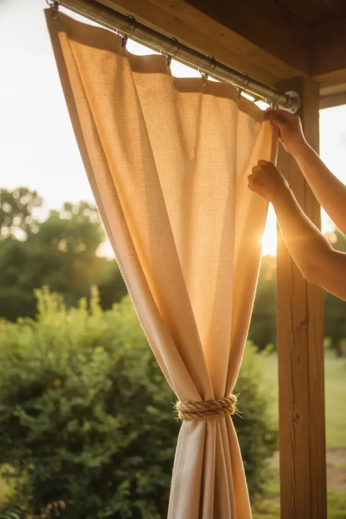 Rustic cozy backyard porch with canvas drop cloth curtains on a galvanized pipe rod at sunset