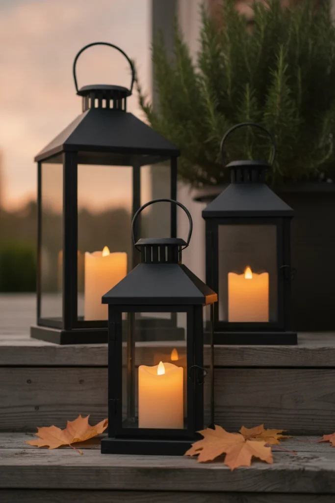Rustic cozy backyard steps with three black metal lanterns holding glowing LED pillar candles