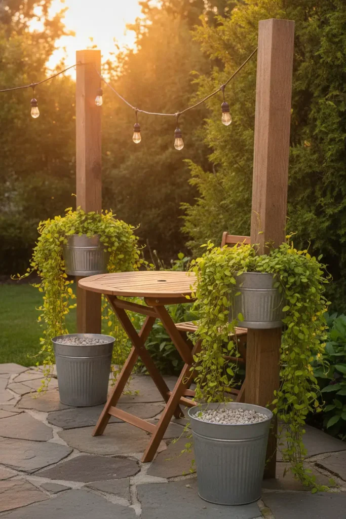 Rustic cozy backyard string lights hung from cedar posts in galvanized buckets over a stone patio