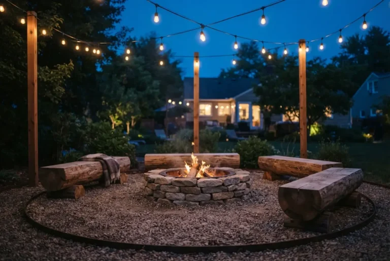 Rustic fire pit ideas: fieldstone ring with a low fire, gravel floor and log benches under café lights at dusk