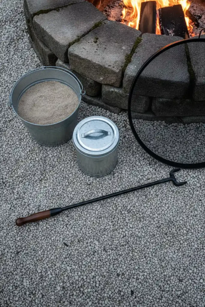 Rustic fire pit safety kit with a galvanized sand bucket, lidded ash can, spark screen and poker