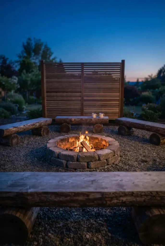 Rustic fire pit seating with split-log benches in a half circle around a stone fire ring and cedar screen