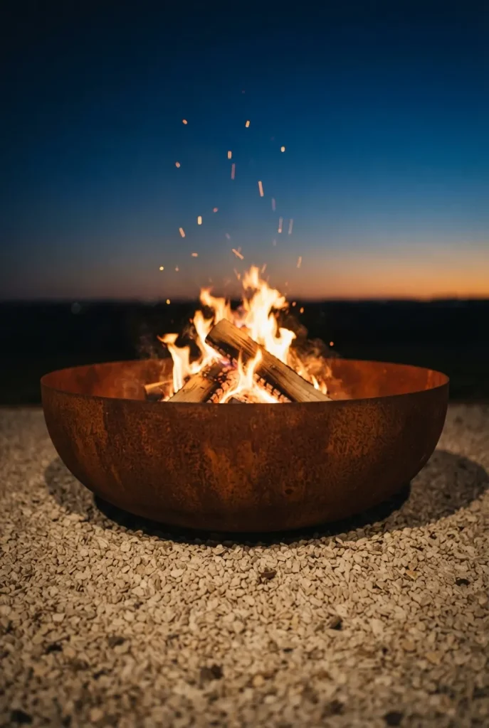 Rustic outdoor fire pit made from a rusted weathering steel bowl on pea gravel at blue hour