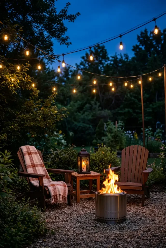 Rustic outdoor lighting layered with cafe bulbs, an iron lantern and a fire pit in a gravel seating area