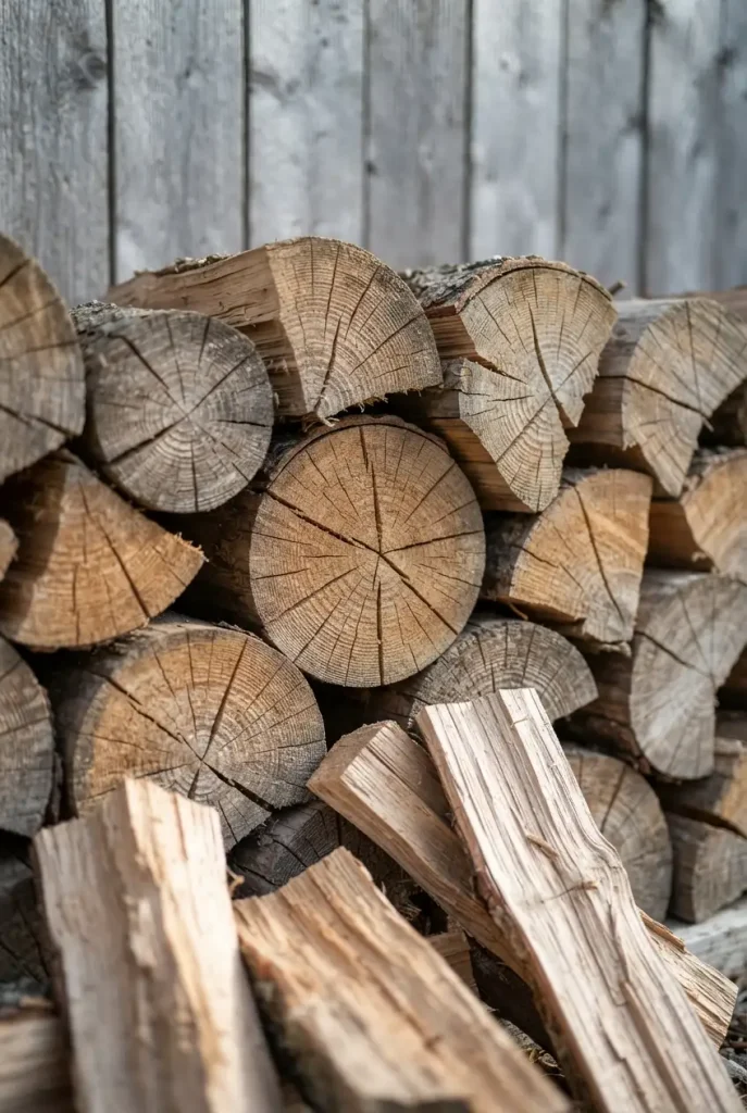 Seasoned firewood for a fire pit: split oak with drying cracks in the end grain
