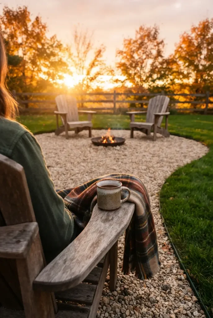 Seated view across a cozy outdoor seating area with heavy Adirondack chairs