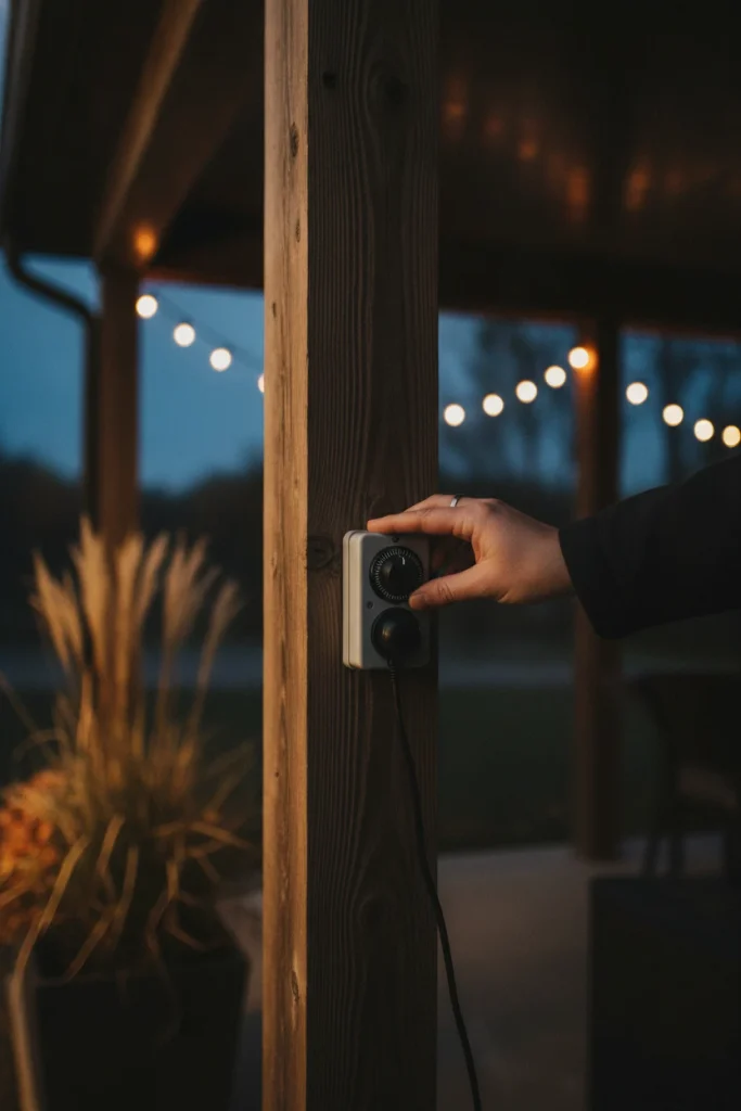 Setting an outdoor timer for backyard string lights on a porch post at dusk