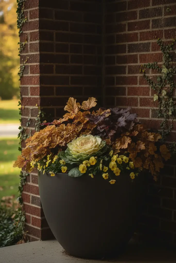 Shade fall planter ideas with heuchera, flowering cabbage and pale violas