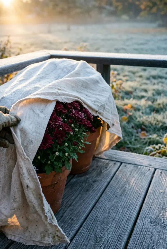 Sheet covering potted mums on a frosty deck to protect fall flower decor