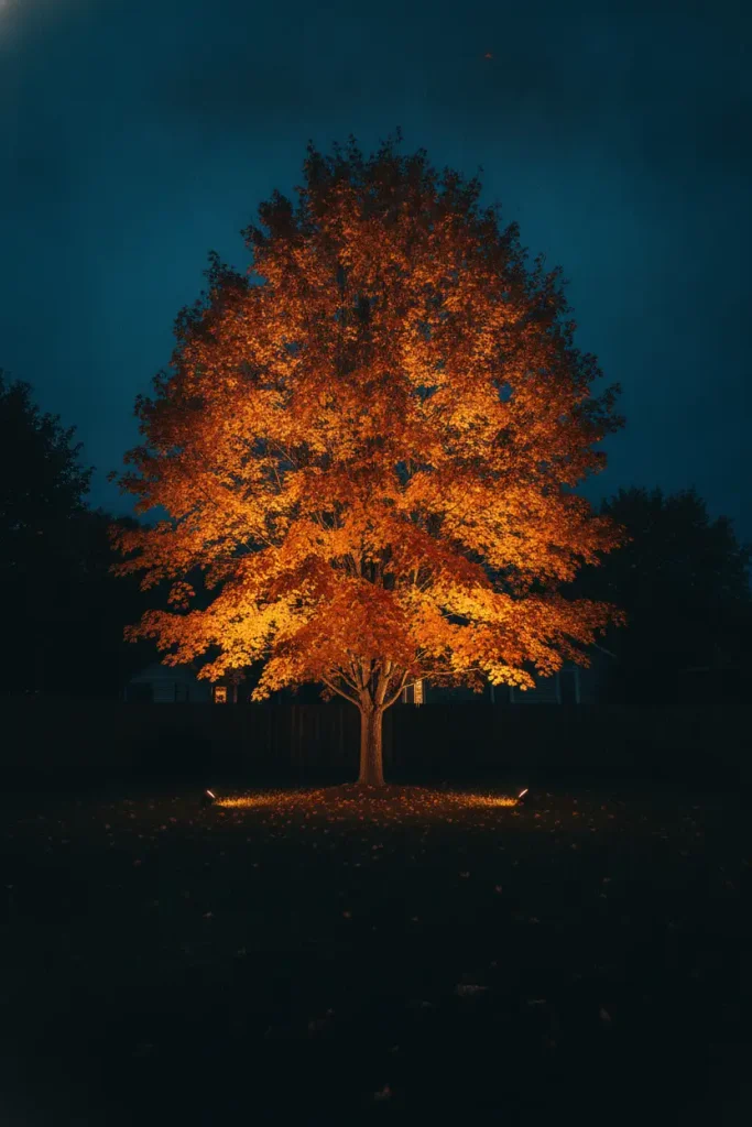 Single maple tree uplit with two spotlights against a dark backyard at blue hour