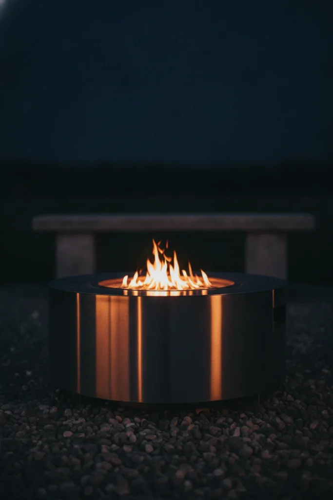 Small backyard corner fire pit idea with a smokeless steel bowl glowing on pea gravel at night