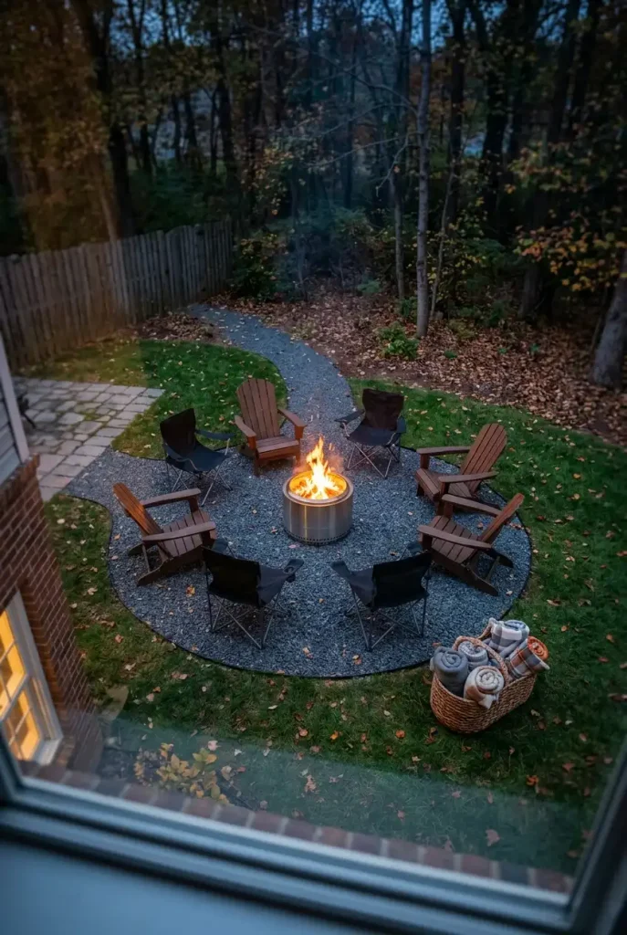 Small backyard fire pit circle with eight chairs on a gravel pad at dusk