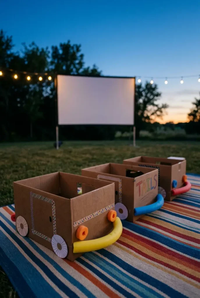 Small backyard movie night drive-in row made from decorated cardboard box cars for kids