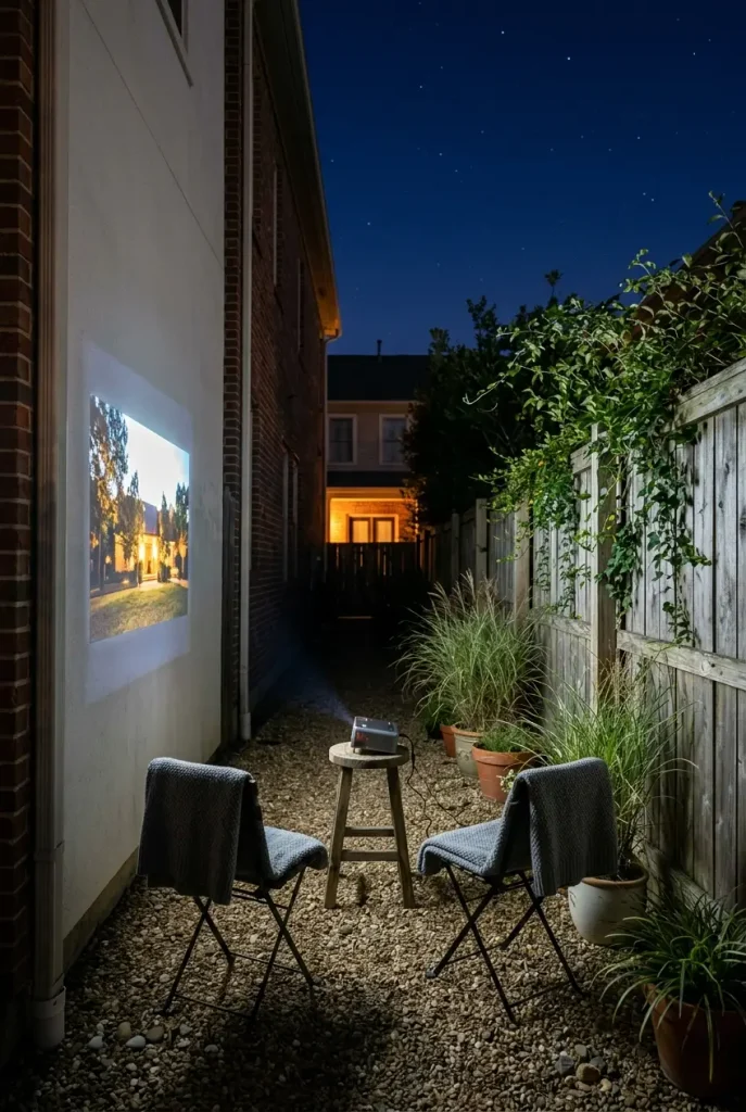 Small backyard movie night with a portable projector on a white wall in a narrow side yard
