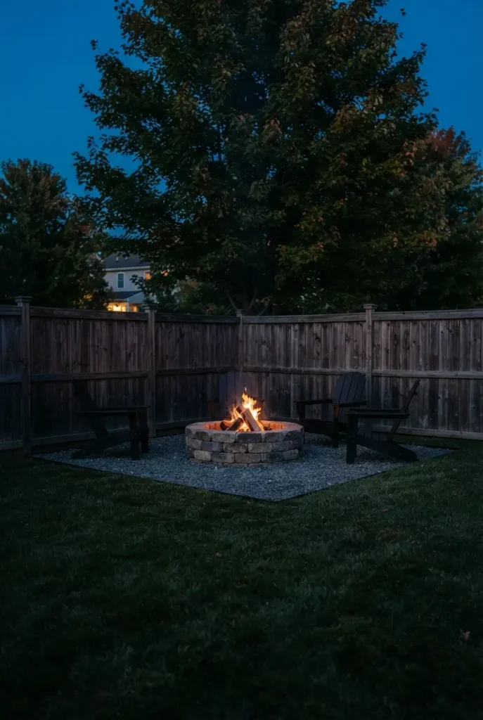 Small backyard stone fire pit placed in a fence corner with the lawn left open
