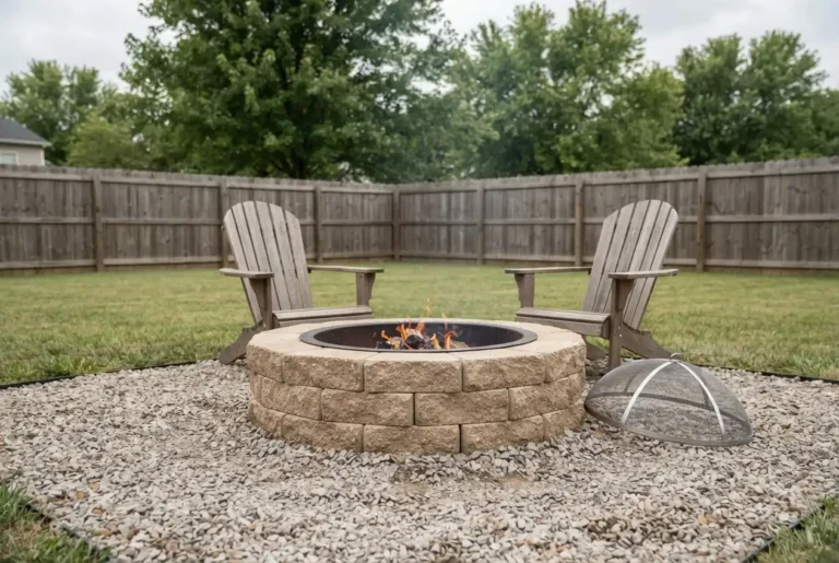 Small fire pit ideas: finished tan block fire pit on gravel with two chairs