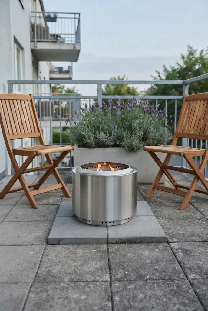 Small fire pit ideas for renters: smokeless bowl on a paver on a small patio