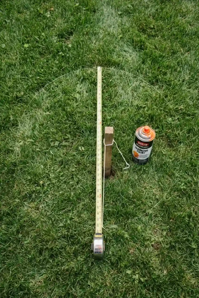 Small fire pit sizing: tape measure marking a 40 inch circle on lawn