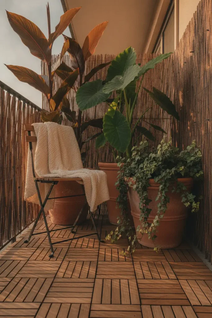 Small tropical backyard ideas on a renter balcony with potted cannas and a reed screen