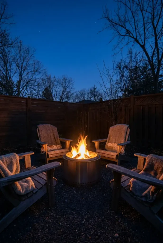 Smokeless fire pit anchoring a gravel seating circle for cozy backyard lighting