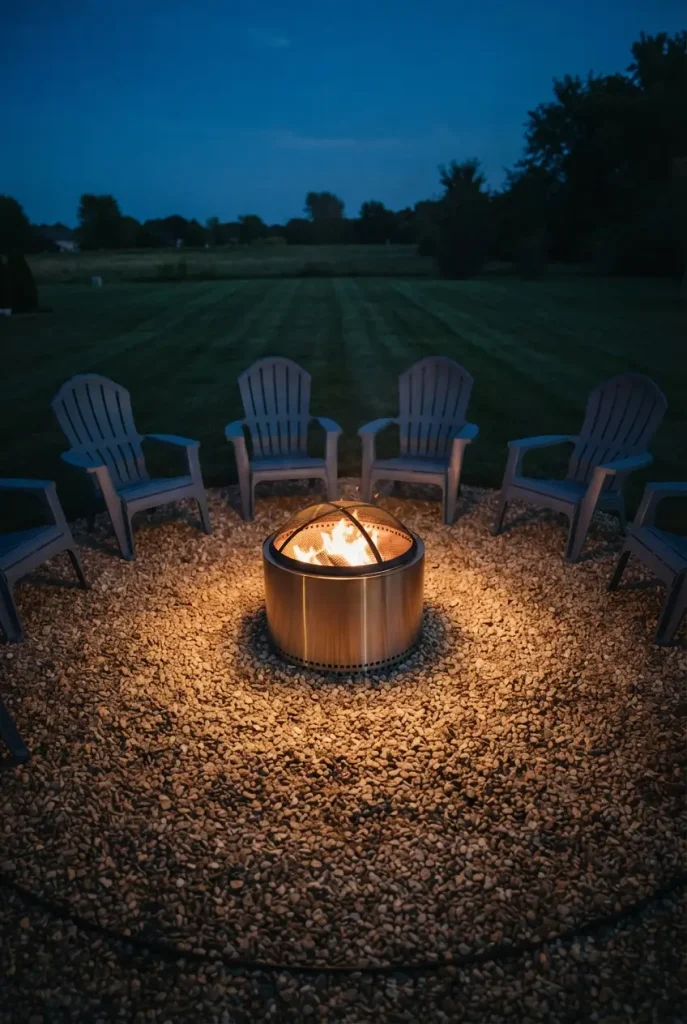 Smokeless fire pit on a pea gravel pad with Adirondack chairs, a safe fire pit idea for a cozy backyard