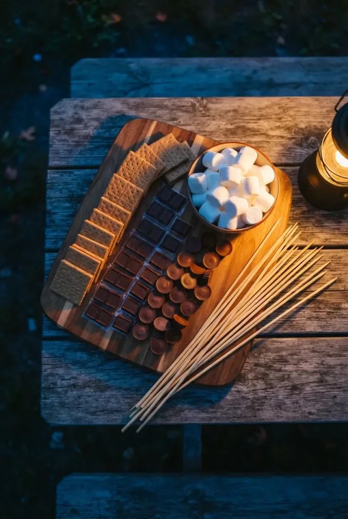 S'mores bar with peanut butter cups and bamboo sticks for a Cozy Backyard Party Ideas