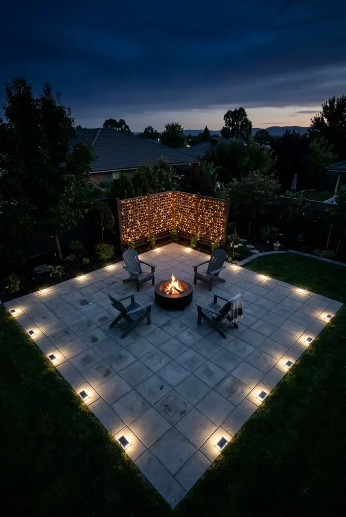 Solar lights for fire pit area paver lights outlining a patio around a glowing fire pit