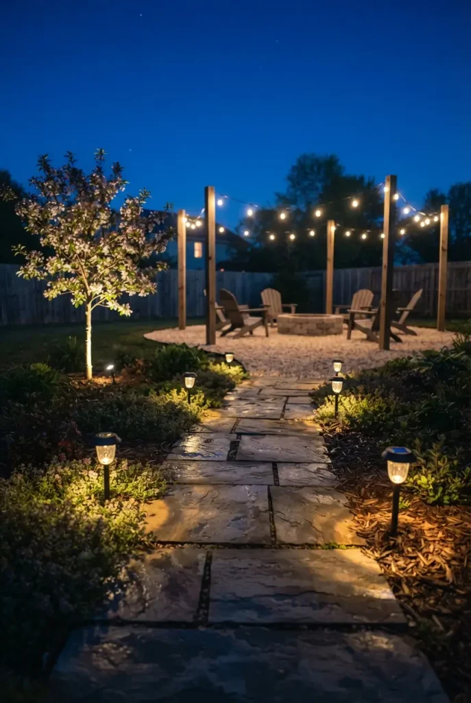 Solar path lights and café string lights on posts leading to a gravel fire pit area at blue hour