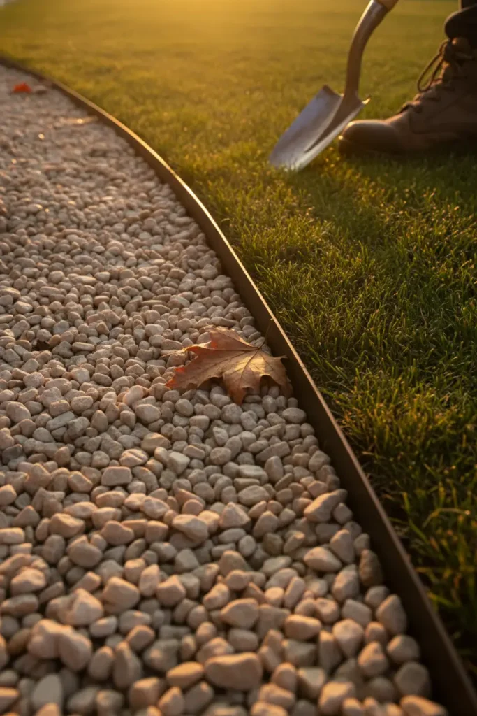 Steel edging holding pea gravel back from a lawn in a stone backyard seating area