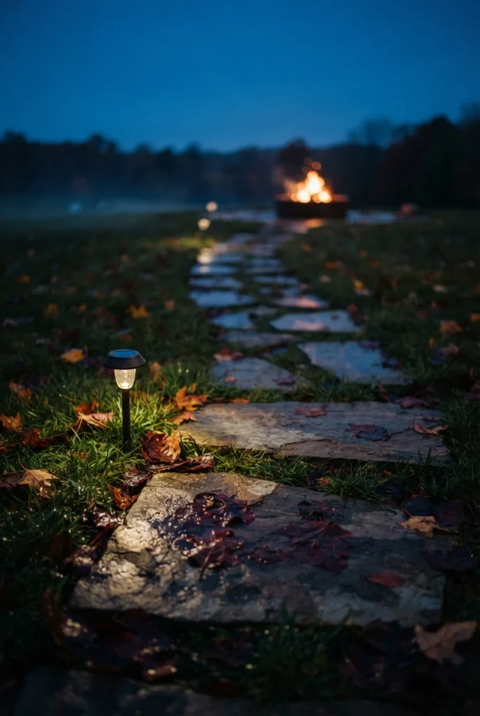 Stepping stone path across wet grass toward a lit backyard fire pit area