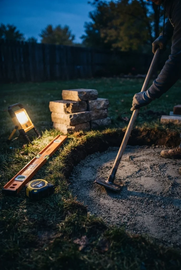Stone fire pit base being tamped with paver base, level and blocks waiting nearby
