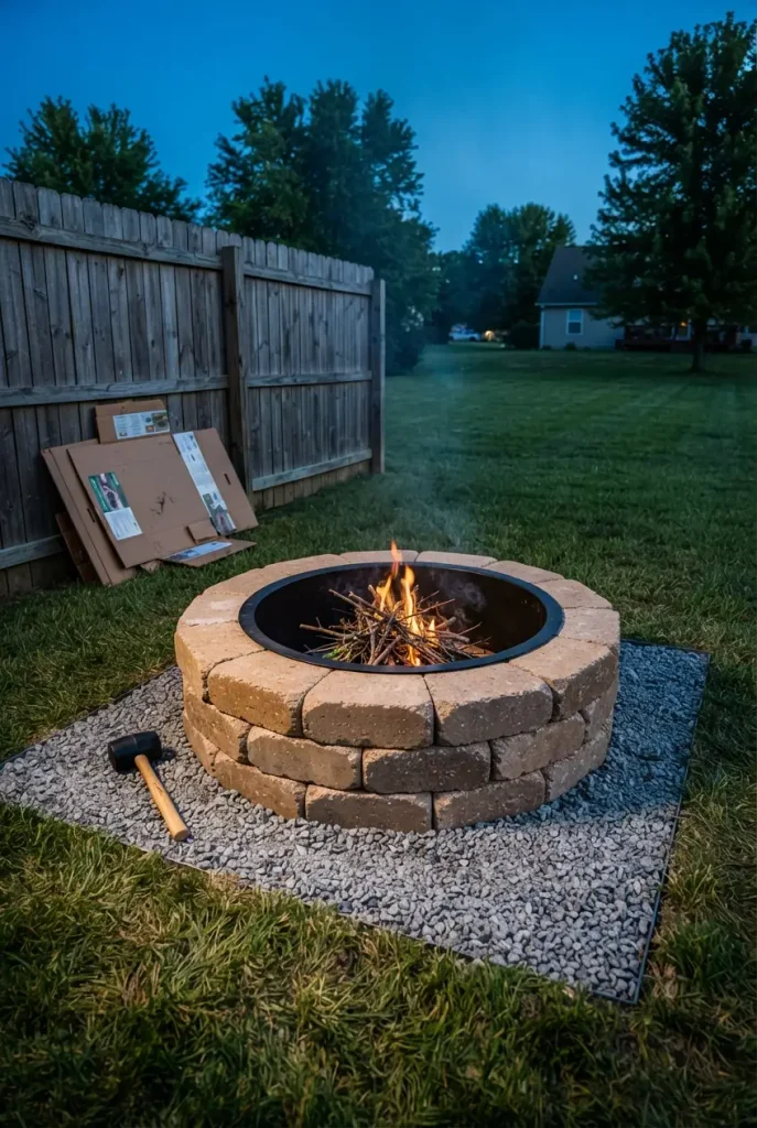 Stone fire pit kit freshly assembled on a gravel pad with a first fire catching