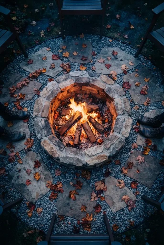 Stone fire pit seen from above ringed with a flagstone and pea gravel apron