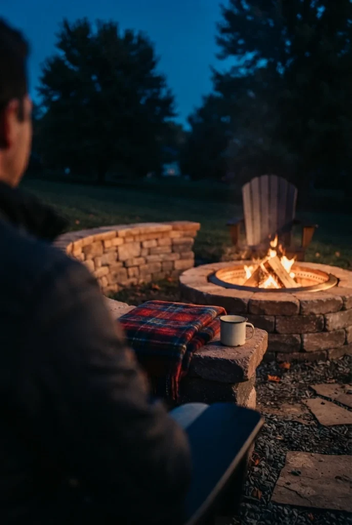 Stone fire pit seen past a curved stone bench with a wool blanket and mug
