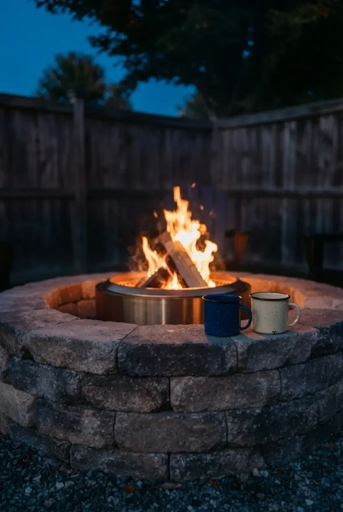 Stone fire pit surround built around a stainless smokeless insert with mugs on the cap