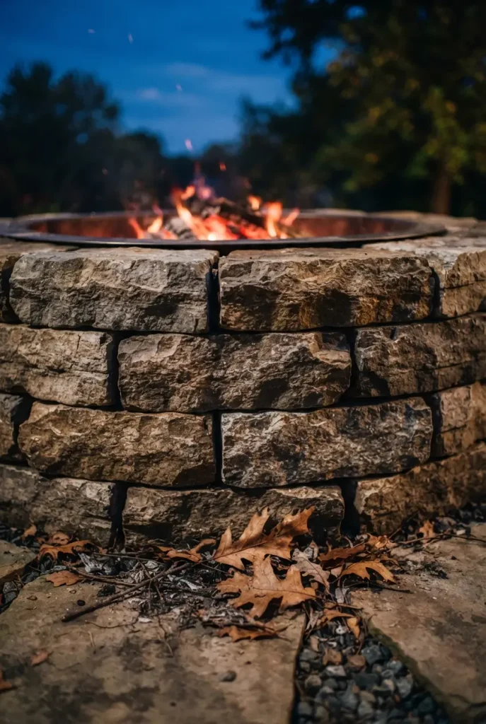 Stone fire pit wall dry stacked three courses high with firelight on the stone. Fire Pit Ideas for Cozy Fall Nights