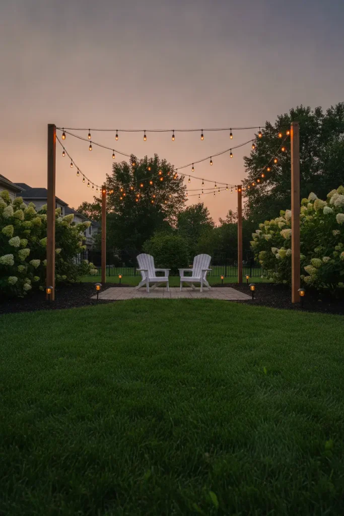 String lights on cedar posts over a backyard lawn seating spot just after sunset, with solar path lights