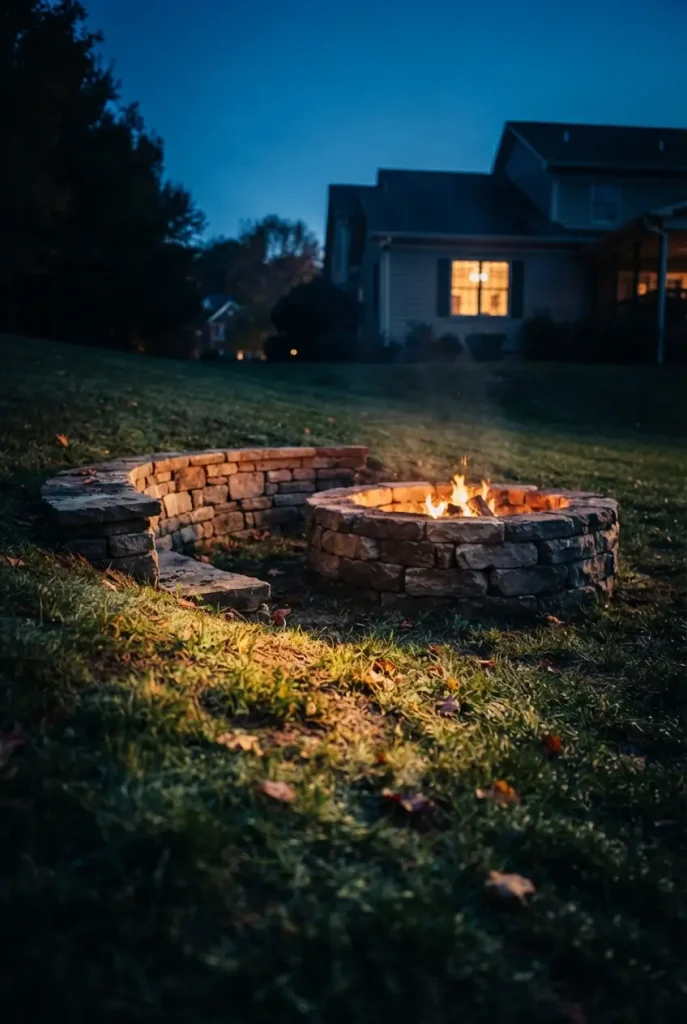 Sunken stone fire pit with a stepped stone ring on a sloped backyard at dusk