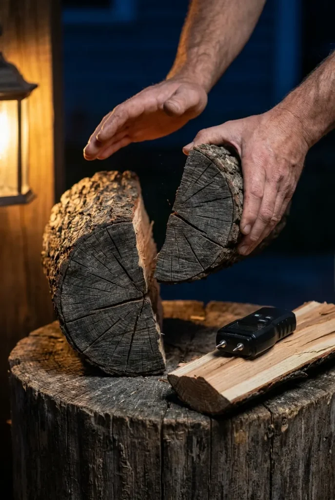 Testing firewood for a wood fire pit by knocking two seasoned oak logs beside a moisture meter
